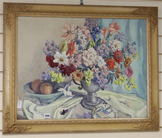 Beatrice Johnson (20th century), watercolour, Still life of mixed flowers and fruit on a table, signed, 53 x 69cm